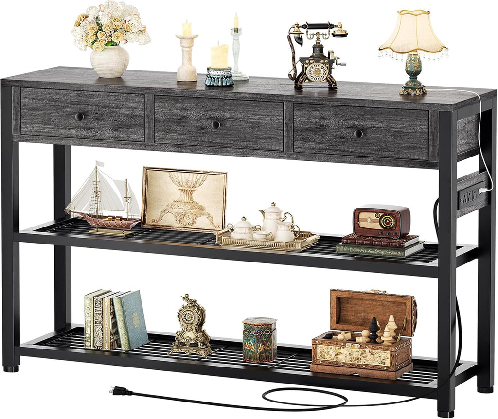 47'' Entryway Table with Outlets and USB Ports, Console Table with 3 Drawers, Sofa Table Narrow Long with Storage