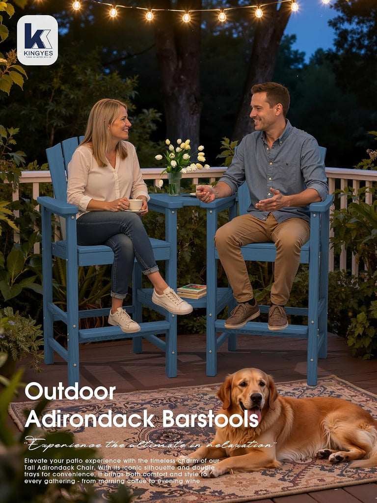 Tall Adirondack Chair Set of 2 with Double Connecting Trays, Blue | All-Weather HDPE Outdoor Adirondack Barstools