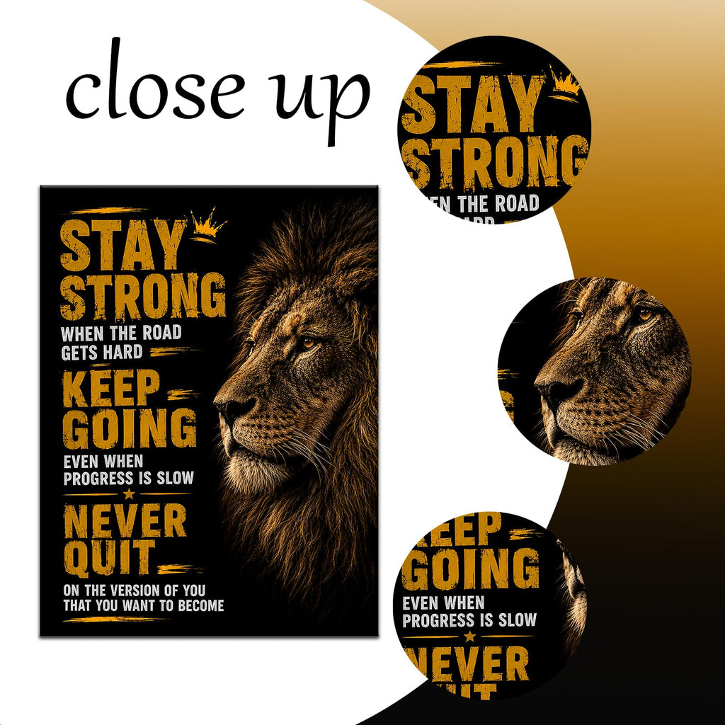 Stay Strong Wall Art, Black Gold Lion Typography Canvas Artwork