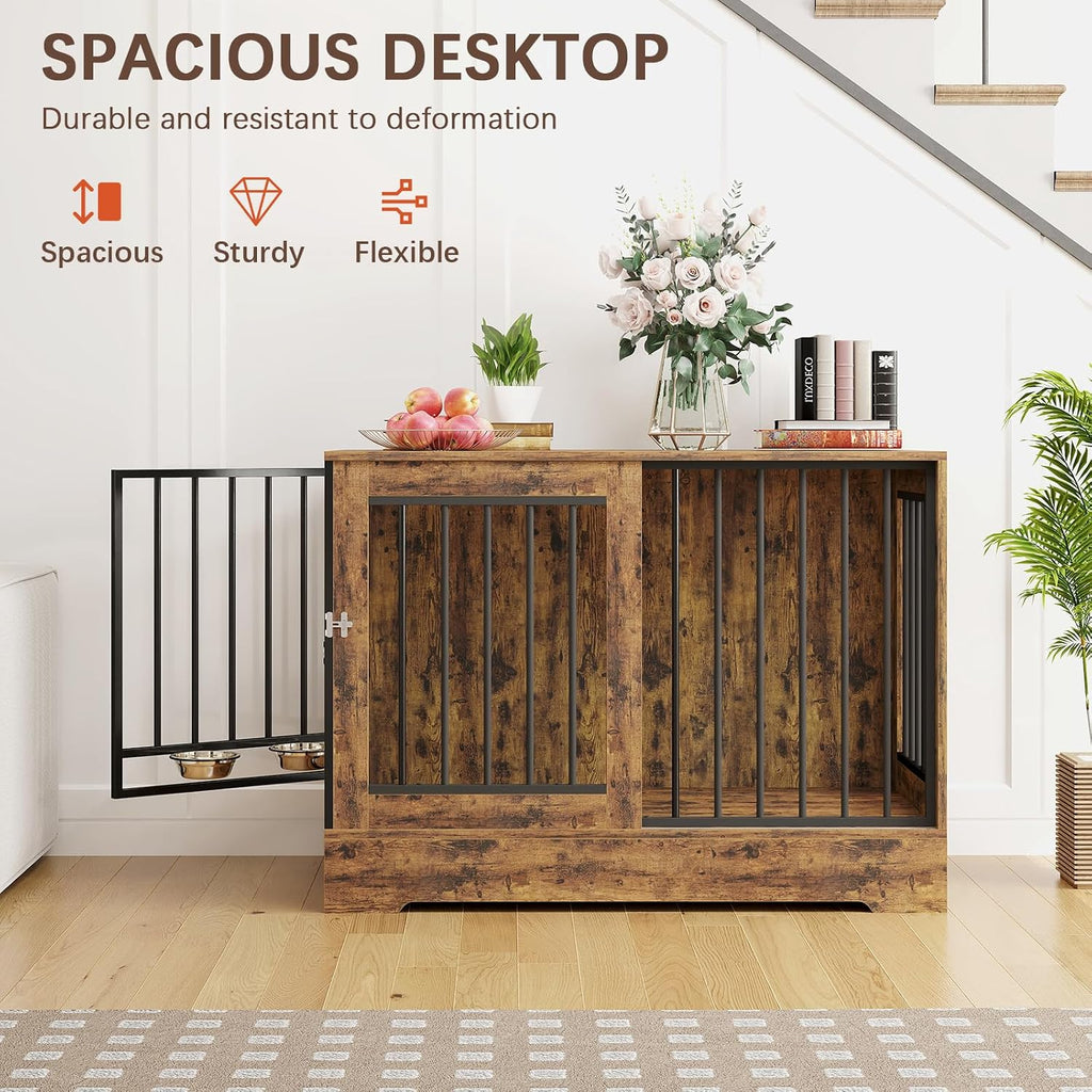 Dog Crate Furniture with Sliding Door: Heavy Duty Dog Kennel with Dog Bowls, Wooden Dog Cage Indoor, Decorative Side