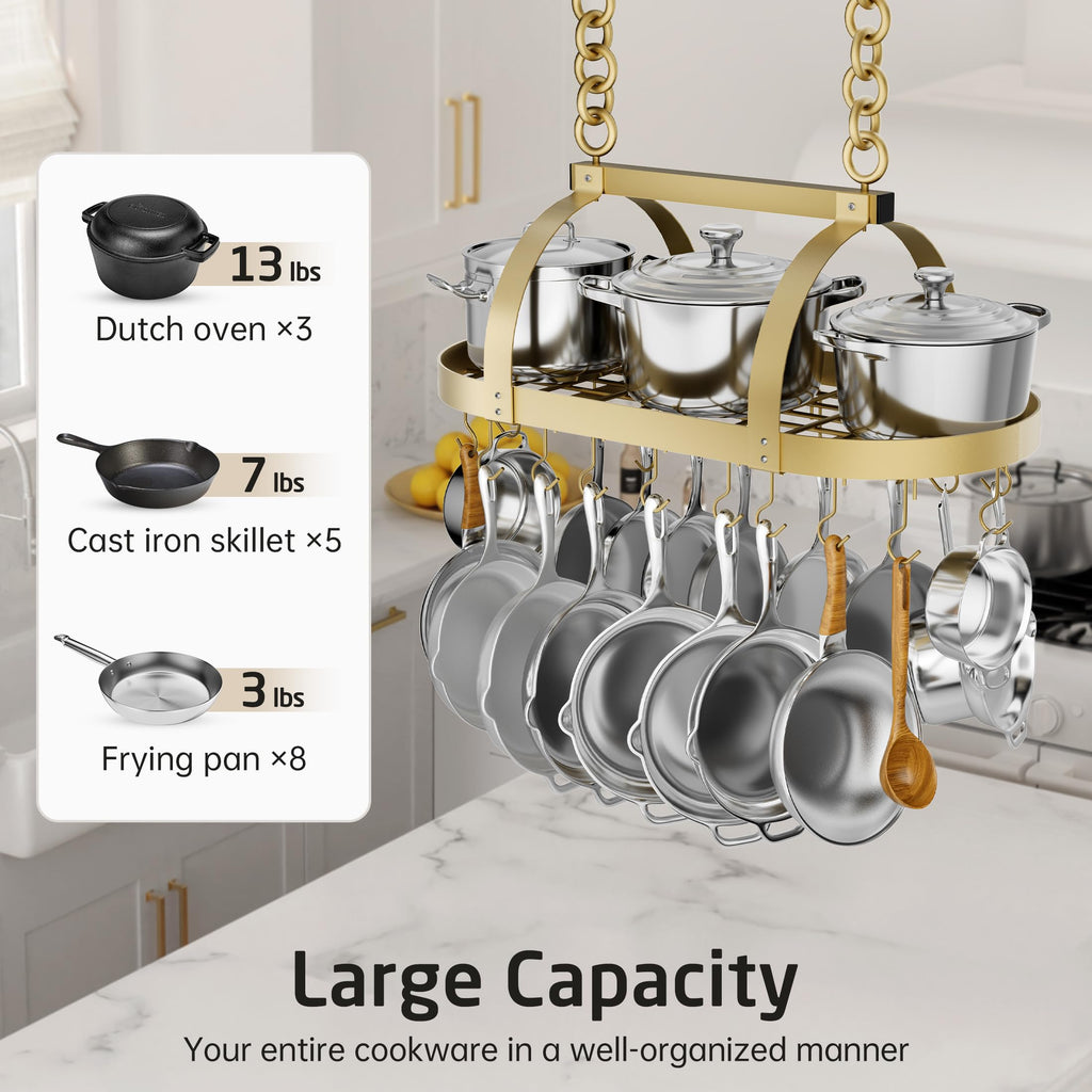 Gold 34 Inch Hanging Pot Rack, 100 LBS Capacity Heavy Duty Oval Pot and Pan Hanging Rack Ceiling Mount, Pot Pan