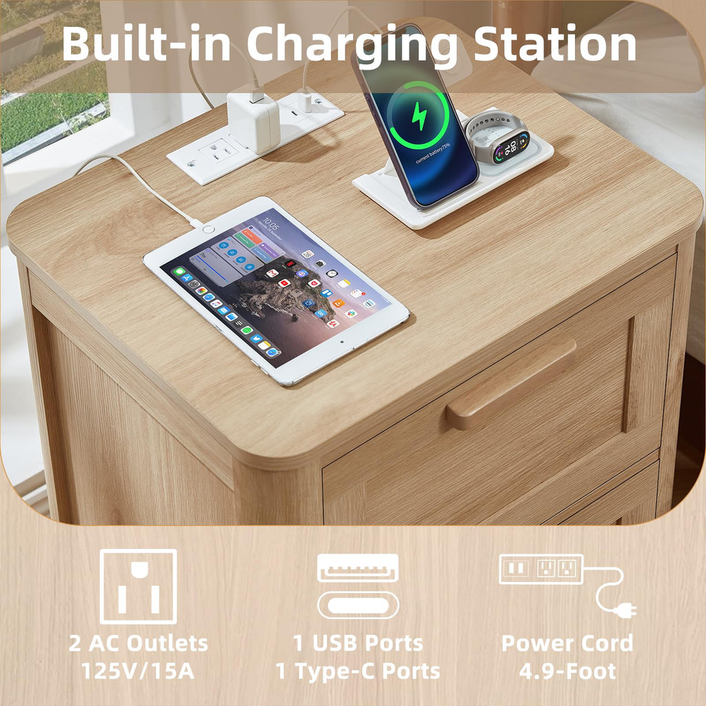 Farmhouse Night Stand Set of 2 with Charging Station, Natural Wood