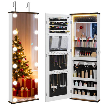 Jewelry Cabinet with Mirror, 12 Hollywood LED Bulbs, Lock, 43.5"