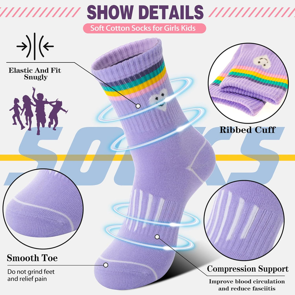 6 Pairs Girls Kids Socks Athletic Basketball Sport Crew Youth Cotton Soft Breathable Socks for Outdoor