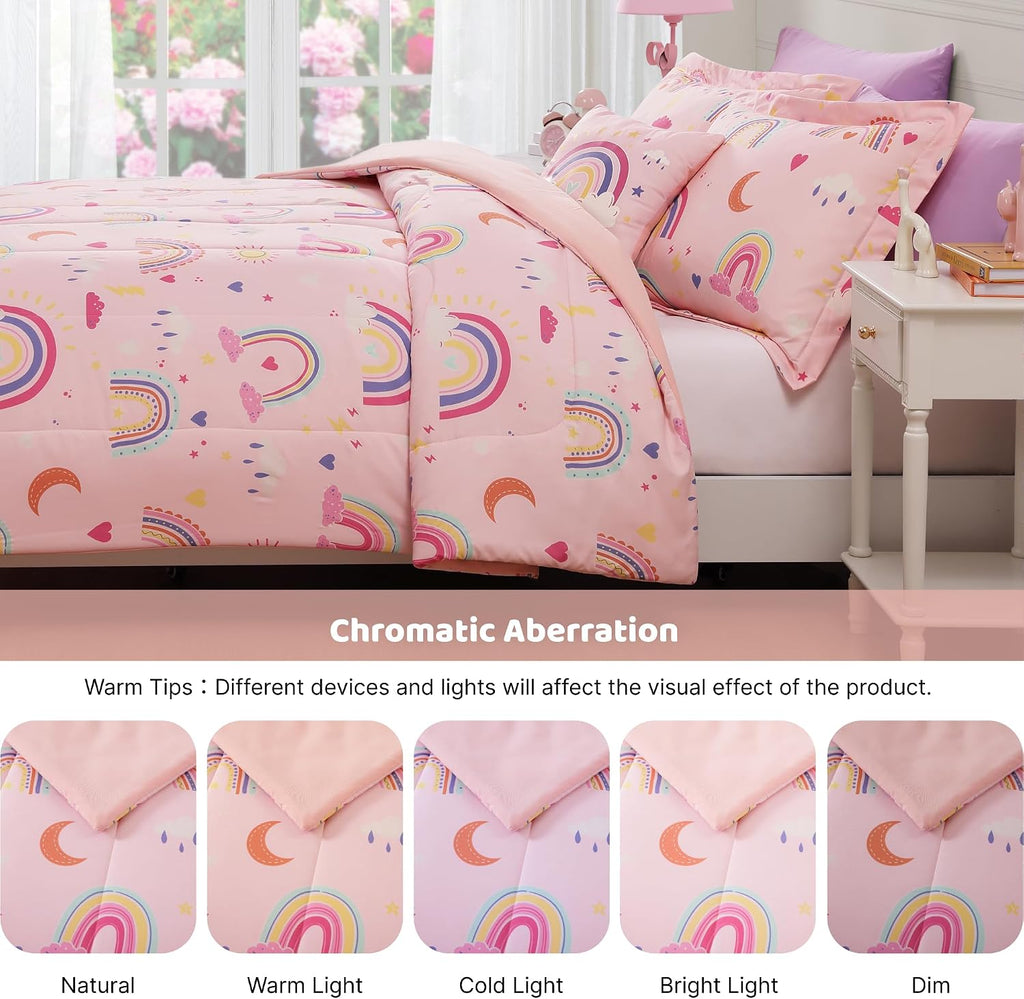Twin Comforter Set for Girls - 3 Pieces Pink Rainbow Twin Bedding Sets - Set of 3