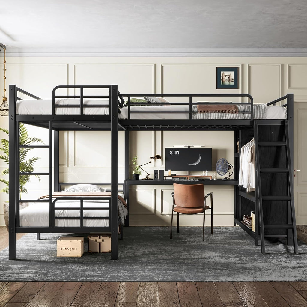 L-Shaped Triple Bunk Bed with Desk, Wardrobe, Twin XL Over Twin XL Bunk Beds with Storage