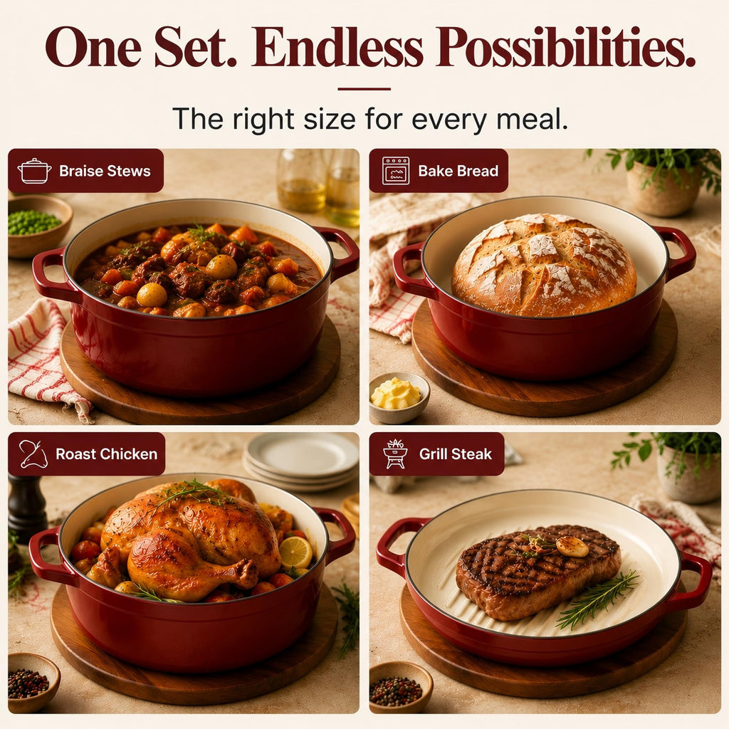 Enameled Cast Iron Dutch Oven Set - 4-Piece 1.3/2.6/4.8Qt Pot with Lids