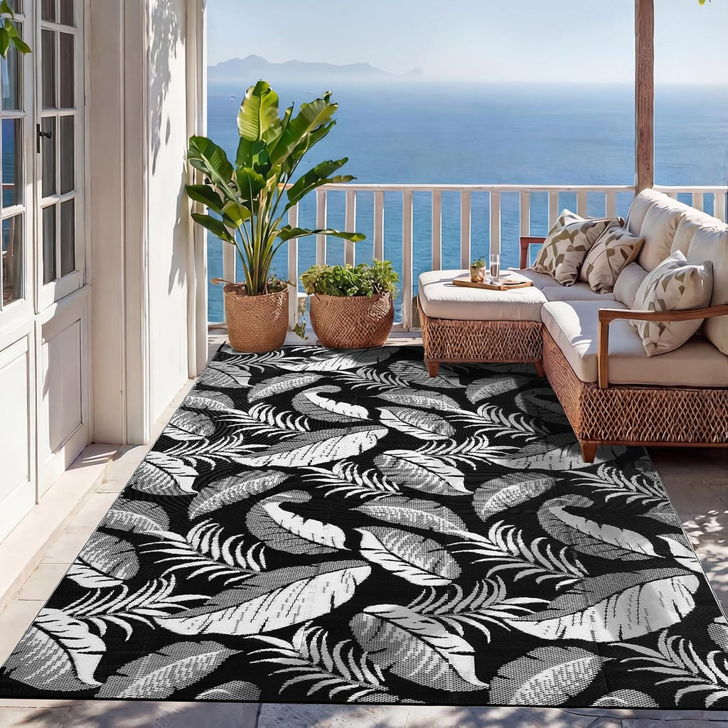 Reversible Outdoor Rug, Waterproof Outdoor Plastic Straw Rug, Tropical Leaf RV Camping Rugs for Outside, Deck