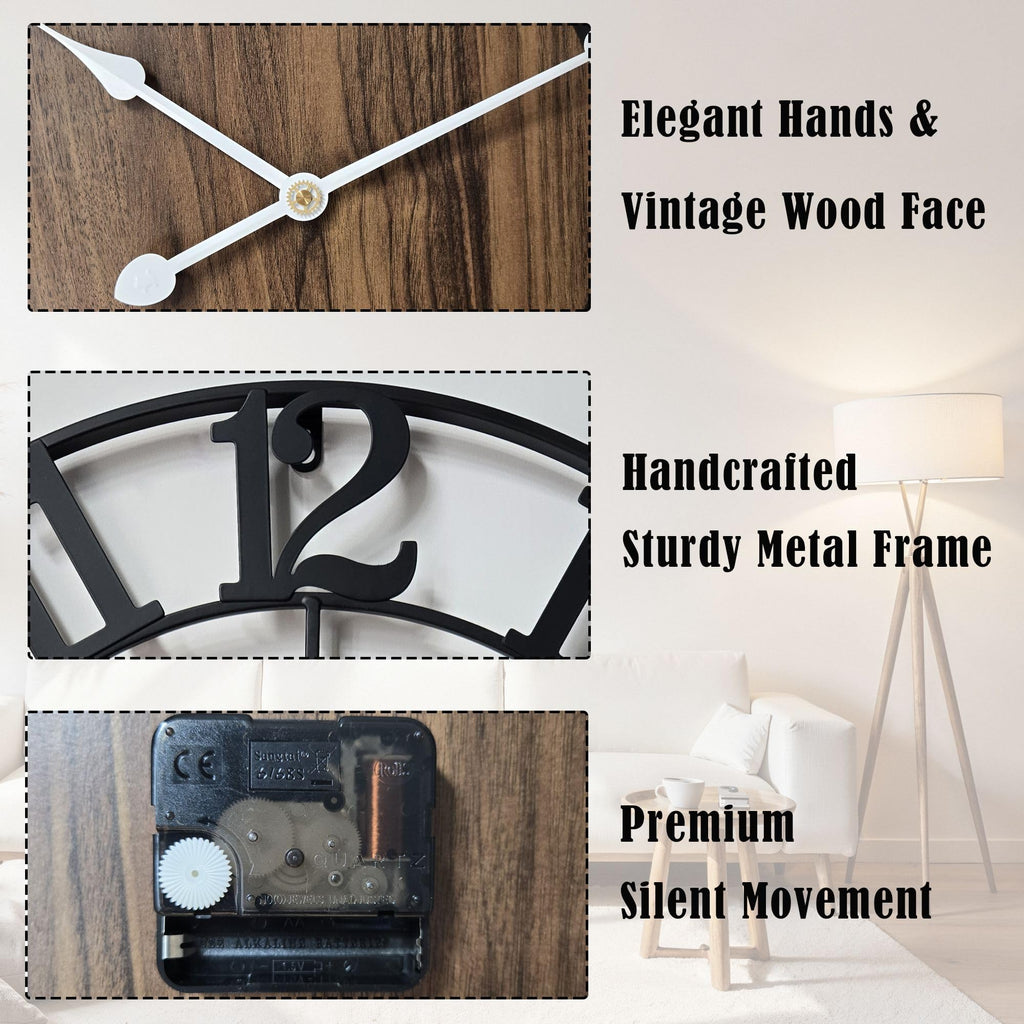 Large Metal Wall Clock, 30 Inch Retro Decorative Silent, Non Ticking, Battery Operated Modern Big Wood Wall Clock