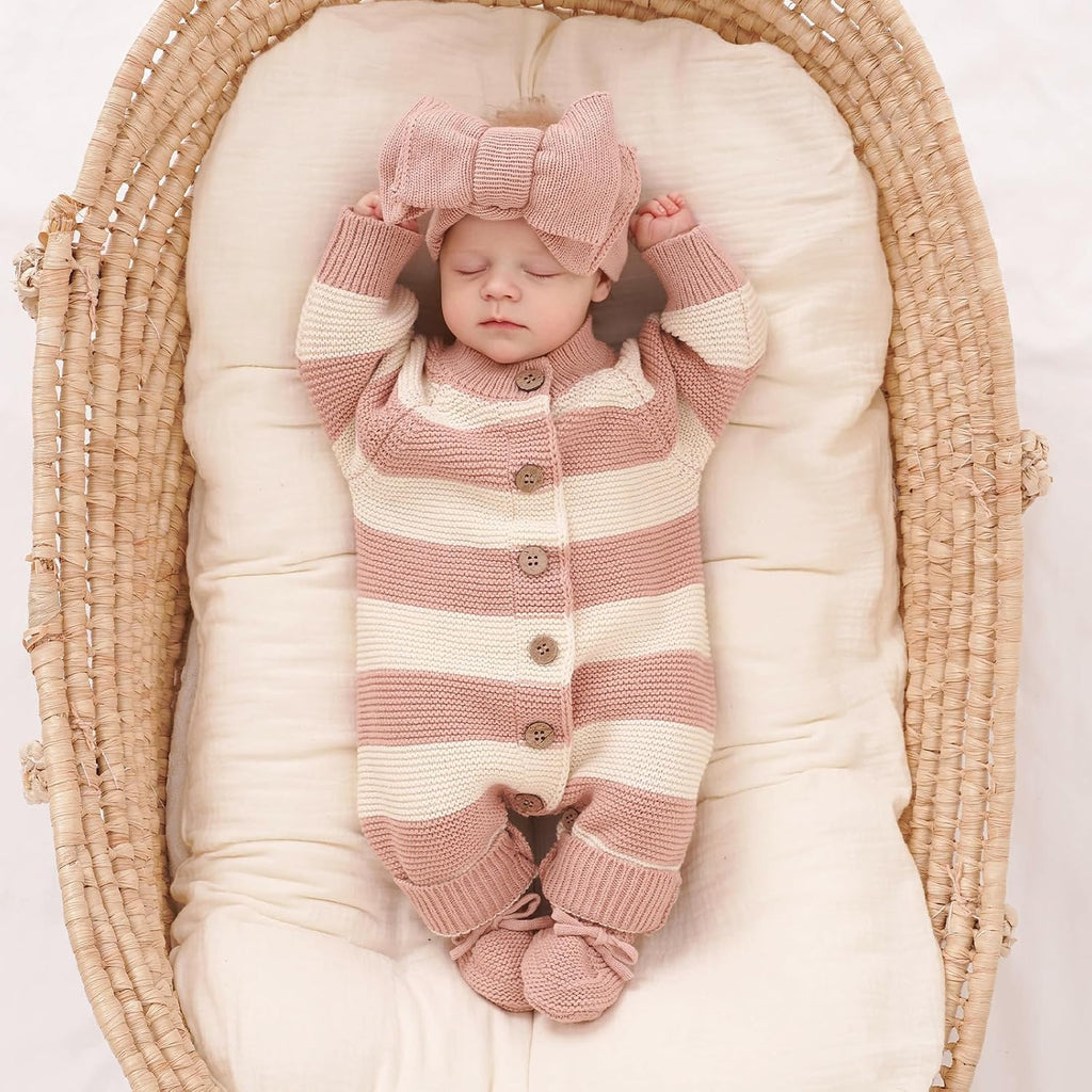 Knit Cotton Newborn Piece Set with Romper, Hat/Hair Band, Booties