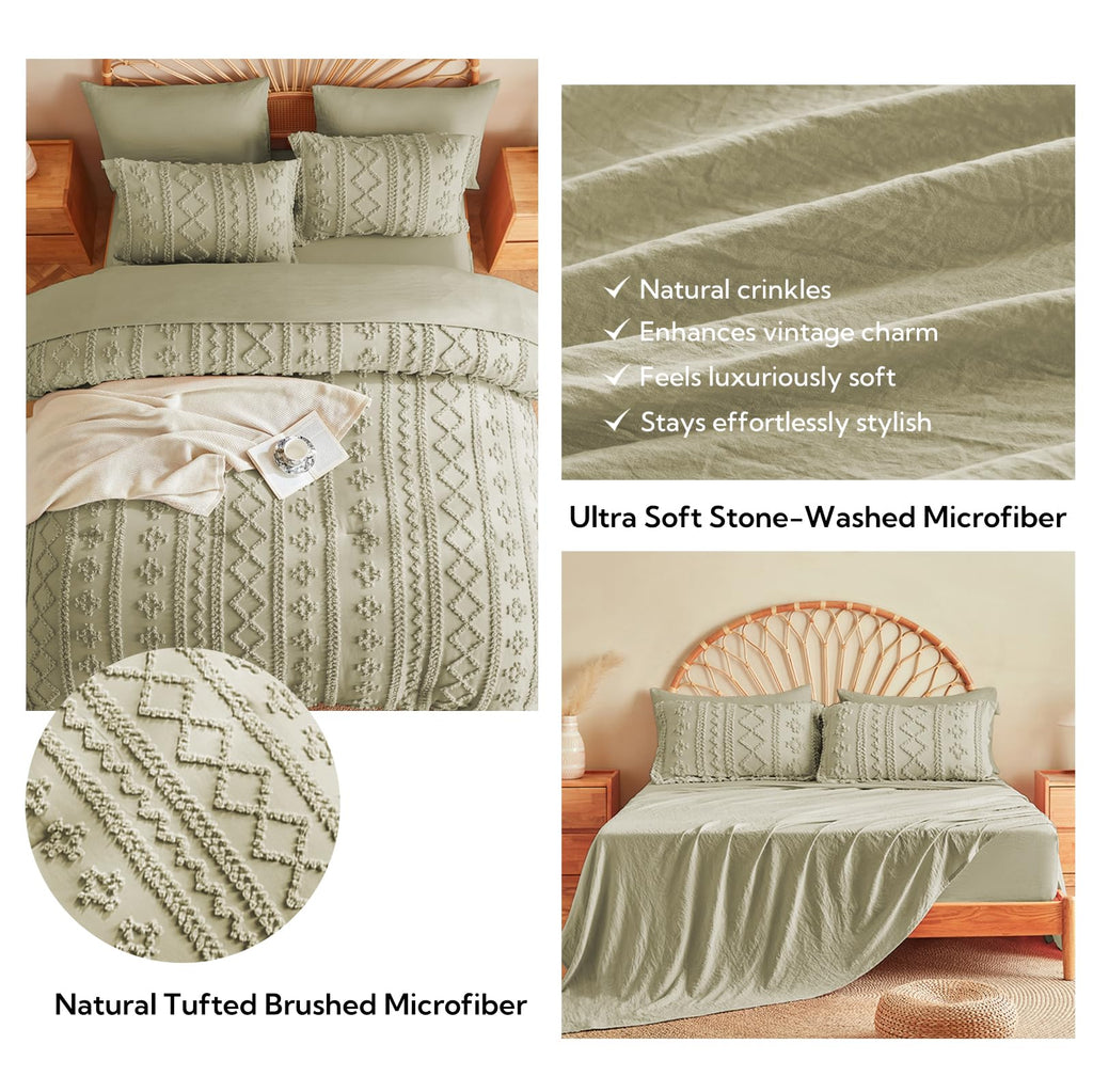 Queen Comforter Set 7 Pieces, Tufted Boho Beddding Set Sage Green