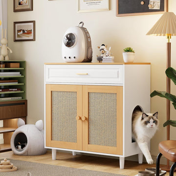 Cat Litter Box Enclosure, Hidden Litter Box Cabinet with Sisal Scratching Board Doors and Drawer, Dog Proof