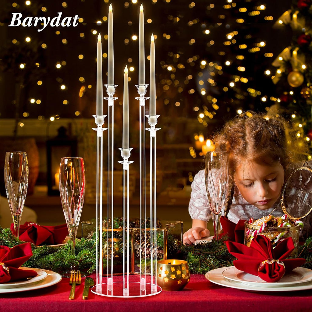 4 Set 5 Arms Acrylic Candelabra Centerpieces, Clear Candlesticks Holders with 20 LED Candles 2 Remote Timer 22 Rubber