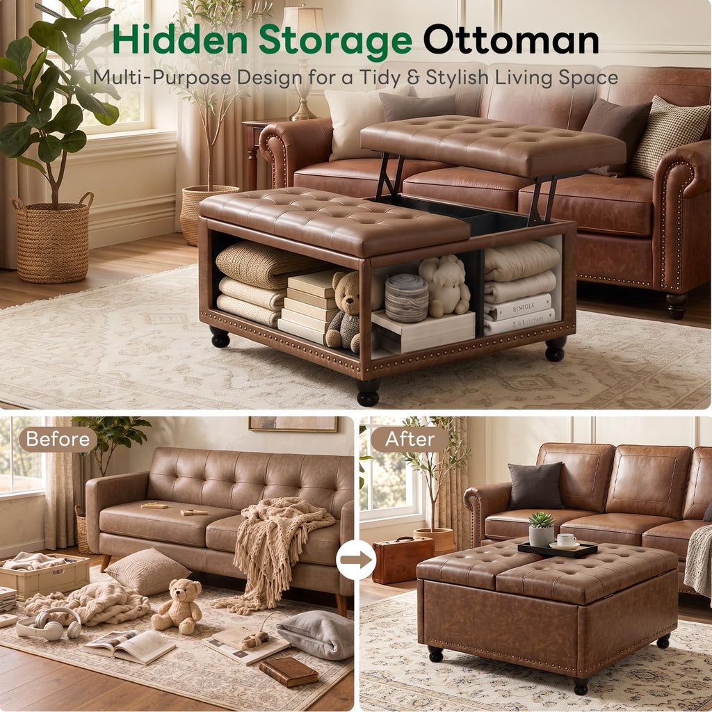 35.5 Inch Large Square Ottoman with Storage, Lift Top, Brown
