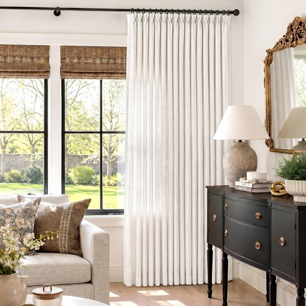 Memory Trained Pinch Pleated Curtains 90 Inches Long, Linen Curtains, 2 Panel Set Pinch Pleated Drapes with Hooks