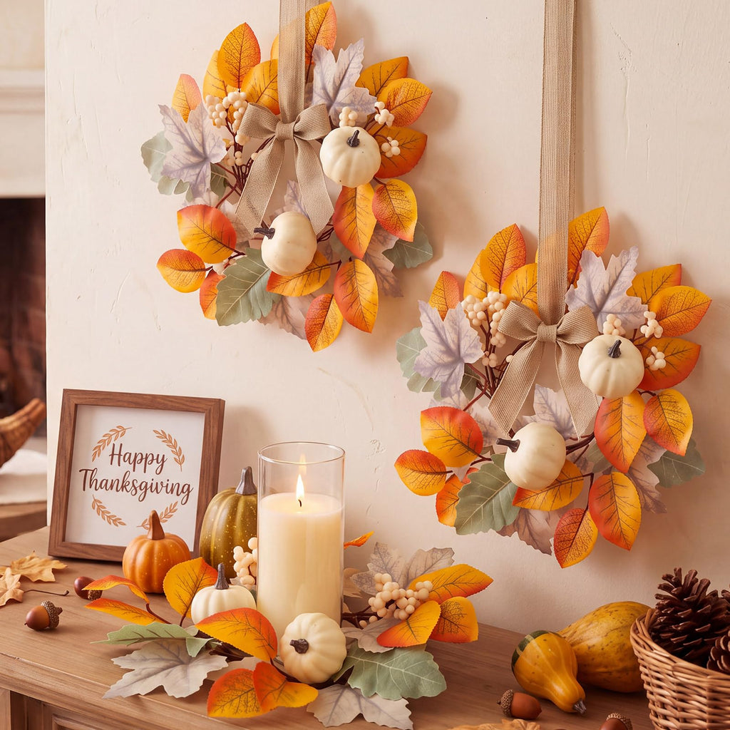 6 Pcs 9 Inch Mini Fall Wreaths with Bow Ribbon Cabinet