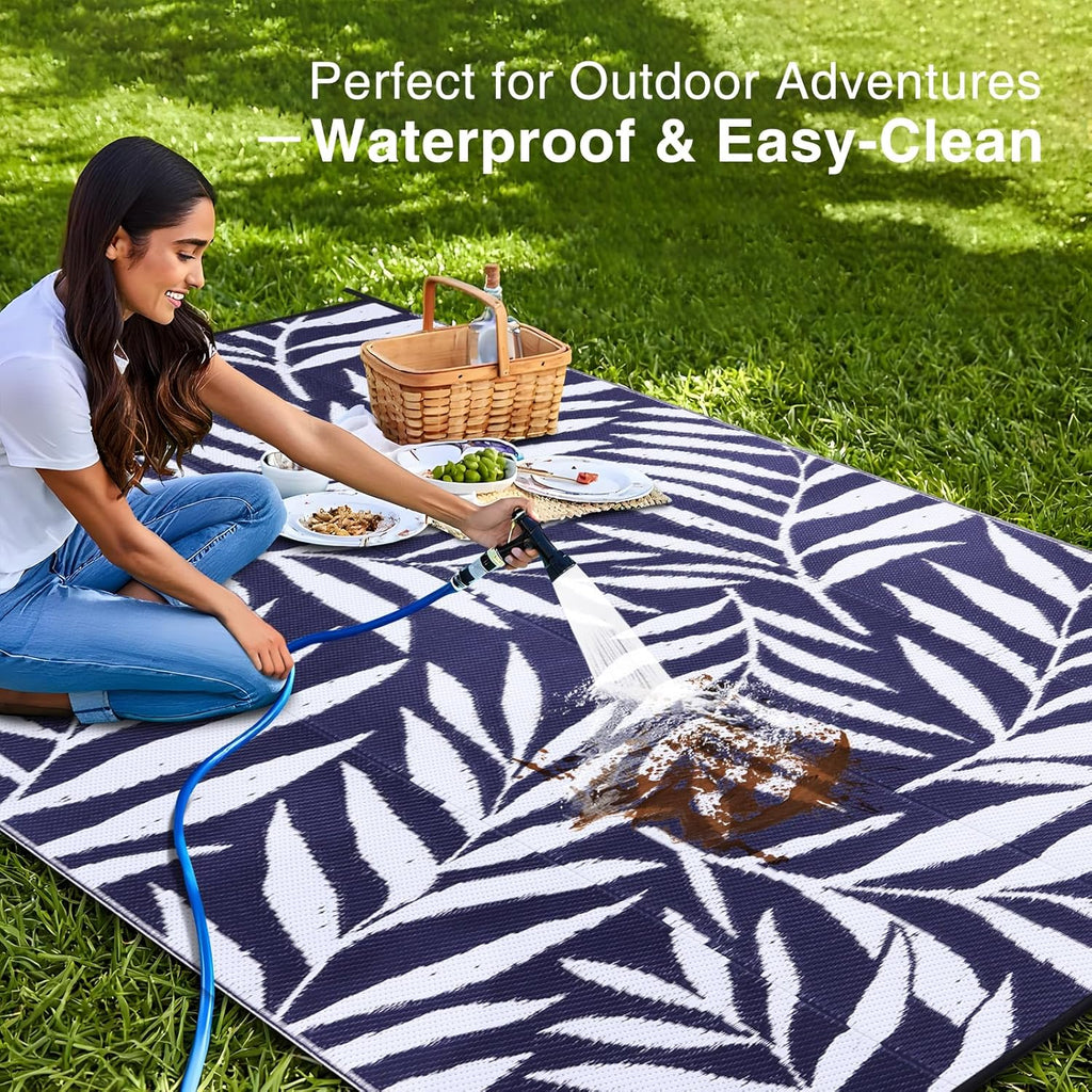Waterproof Outdoor Rug 9x12 ft, Reversible Outdoor Plastic Straw Rug with Leaf Pattern, RV Mat, Indo