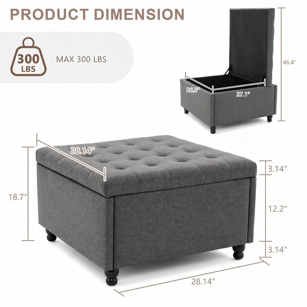 28" Large Square Ottoman with Storage, Fabric Ottoman Coffee Table, Grey