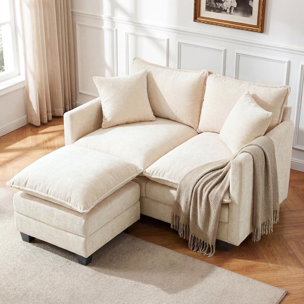 L-Shape Loveseat Sofa Couch with Ottoman, Small 50" Love Seat 27" Deep Cloud Sofa Washable Chenille Pillow Bedroom