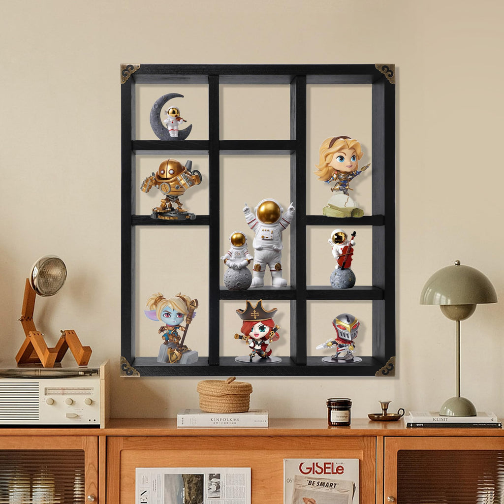 17.7x15.7-Inch Shadow Box Shelf 9-Slot Rustic Floating Shelves Larger Wall Mounted Lightweight Solid Wood Display