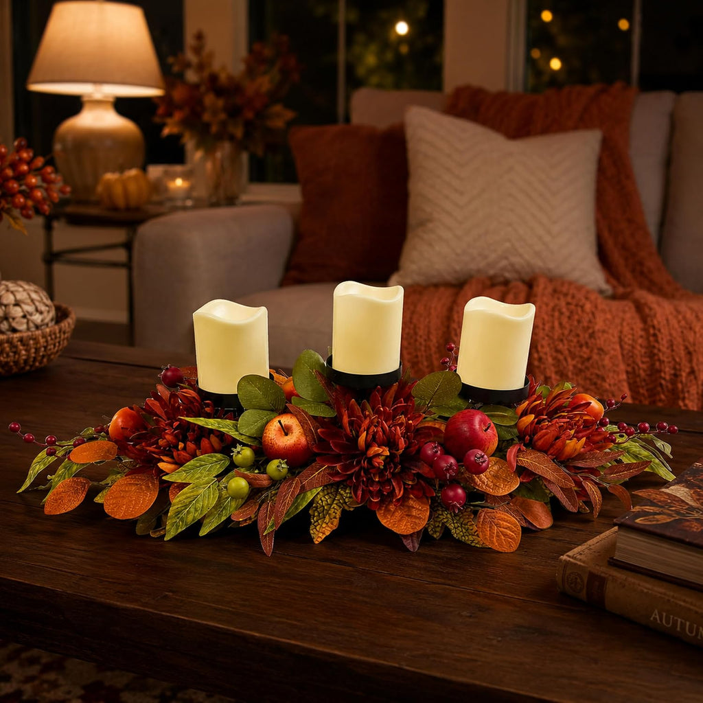Inch Fall 3 Candle Holder with Faux Apples, Mums and Berries - Set of 3