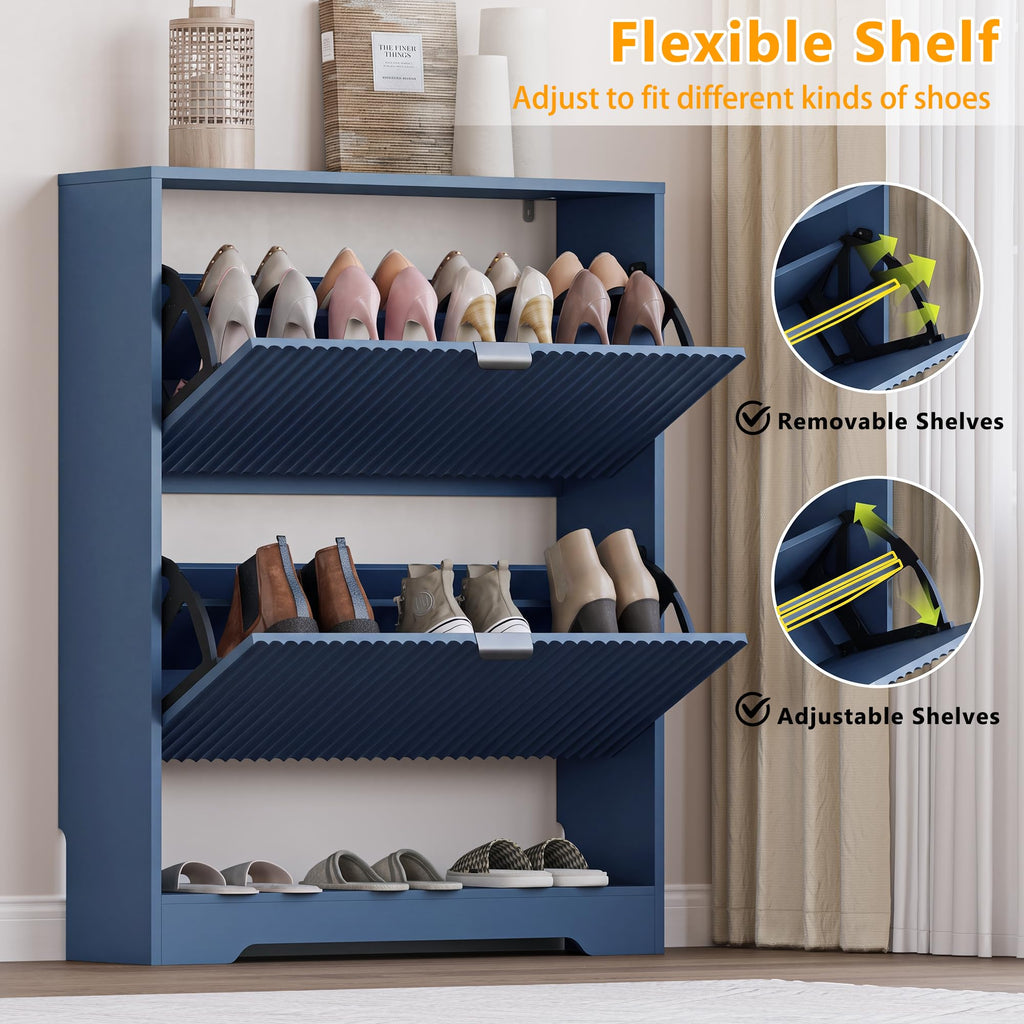 Shoe Cabinet with 2 Flip Drawers, Fluted Shoe Storage Cabinet with Adjustable Shelves, Freestanding Rack and