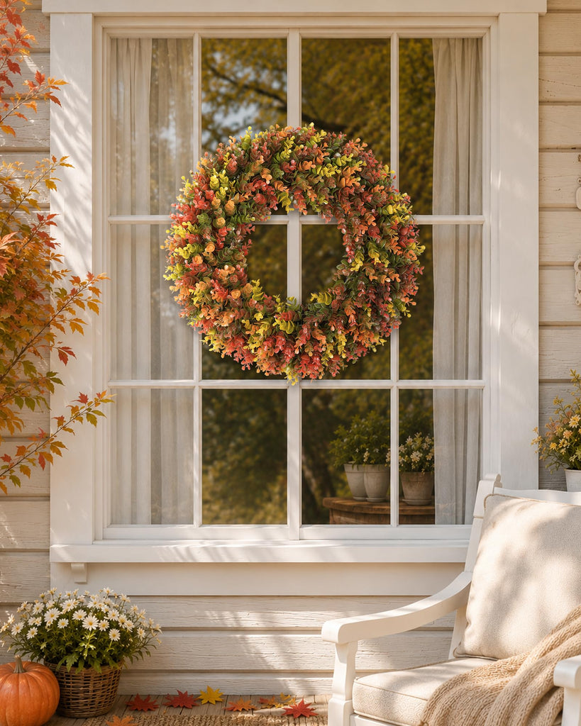 24" Fall Wreath for Front Door, Artificial Boxwood Autumn Wreath