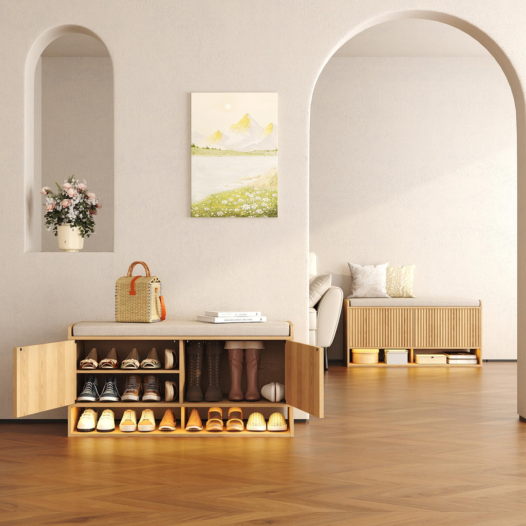 39.4" Fluted Shoe Storage Bench, Entryway Bench with Linen Seat Cushion, Shoe Cabinet Bench with Adjustable Shelf and