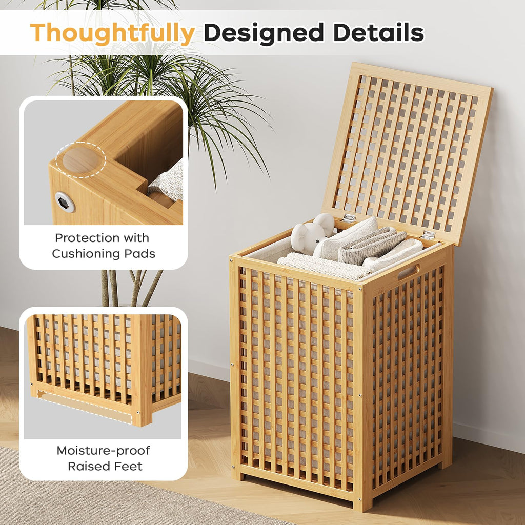 120L Bamboo Laundry Hamper with Lid, Laundry Basket with Liner and Handle
