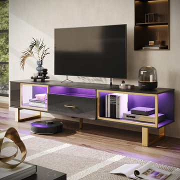 70 inch TV Stand with LED Lights for 75 inch TV, LED Entertainment Center with Open Storage and Half-Glass Design