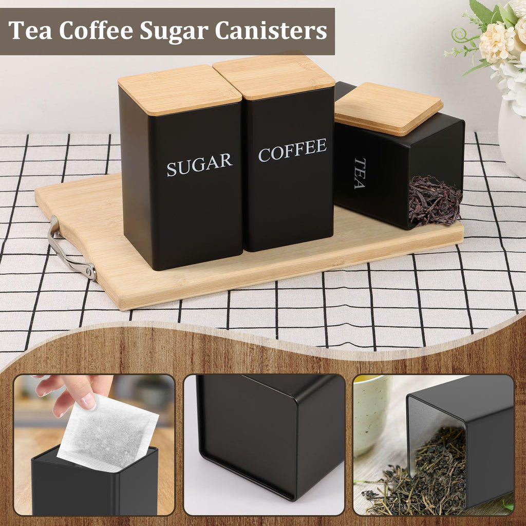 3 Pcs Coffee Tea Sugar Container Set, 1000 ml Vintage Kitchen Canister Set with Bamboo Lids, Metal Food Storage