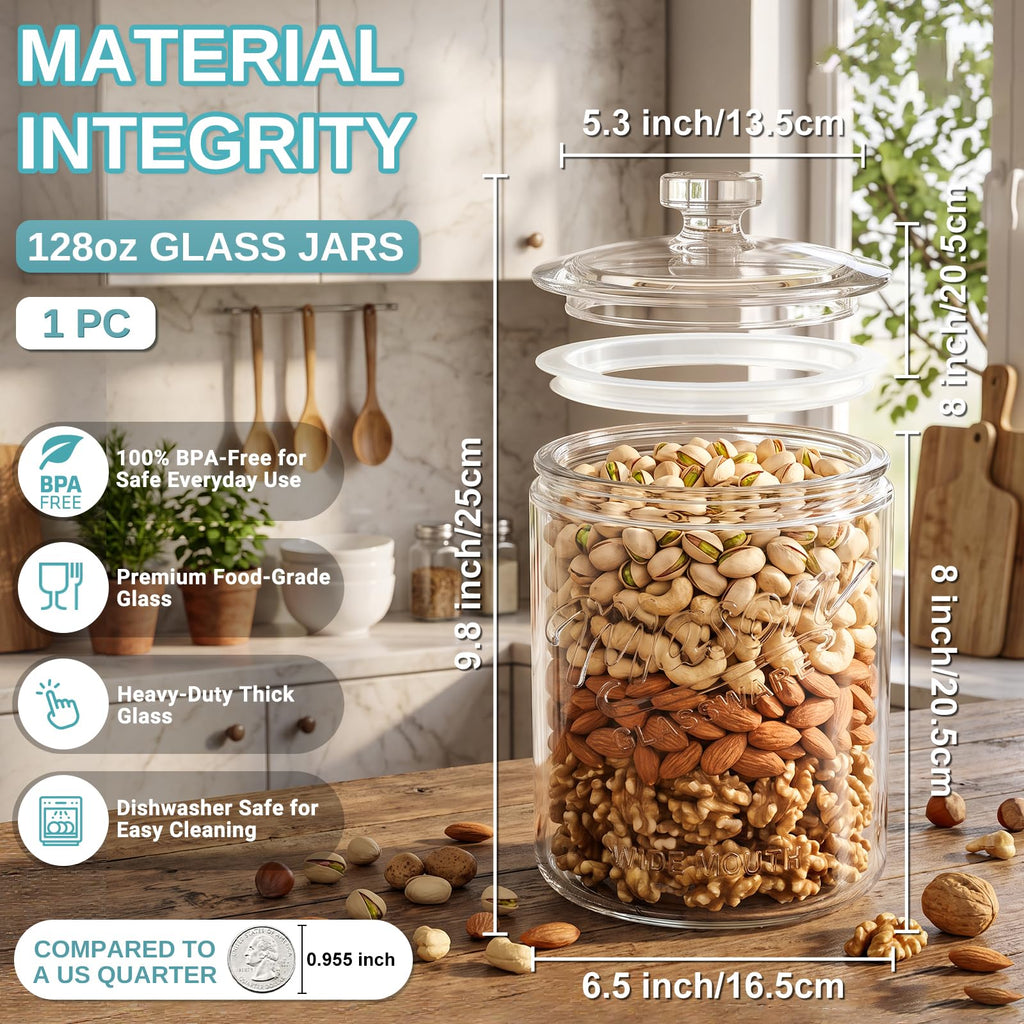 1 Gallon Glass Cookie Jar with Airtight Lid, Wide Mouth Mason Jar