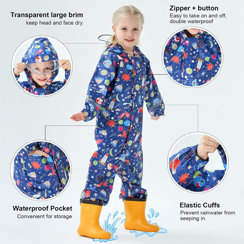 Kids Toddler Rain Suit Girls Boys Raincoat One Piece Waterproof Coverall Lightweight Hoodie Prints Rain Jacket