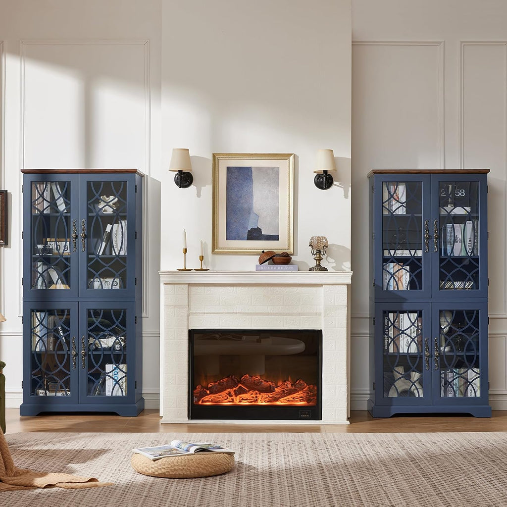 67" Tall Bookshelf, Rustic Book Shelf w/Vintage Pattern Tempered Glass Doors, 5-Tier Wood Bookcase with Adjustable