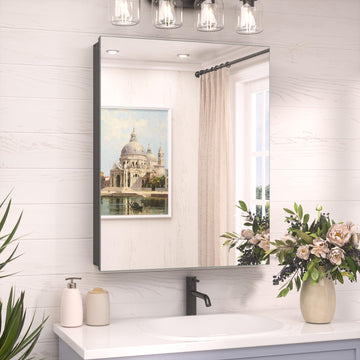 20 x 26 Recessed Medicine Cabinet Mirror Black Tempered, Aluminum Surface Mount Medicine Cabinet Mirror with Storage