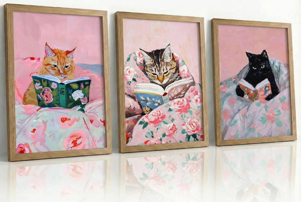 3Pcs Framed Vintage Cat Canvas Wall Art, Pink, 12''x16'' | Funny Animal Reading Books Pictures, Cute Kitten Lovers