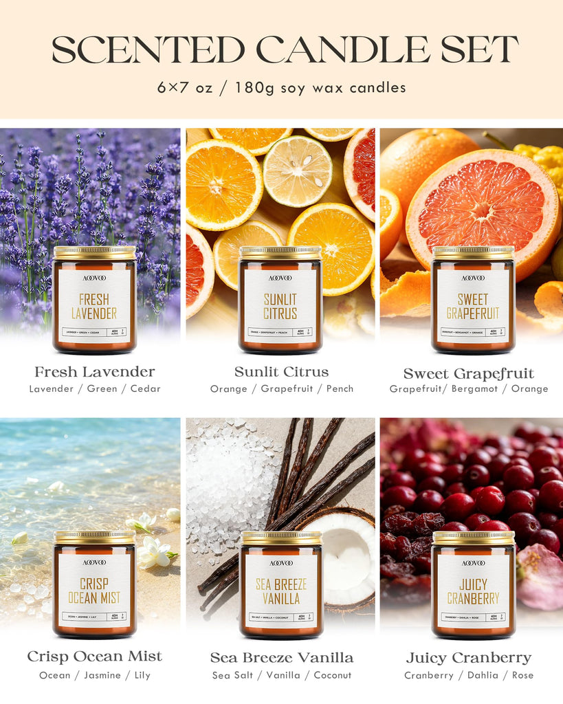 Candles Set - 6PC Scented Candles, Soy Candle, Aromatherapy Candle, Soy Wax Candle, Fresh Lavender/Sunlit /Sweet