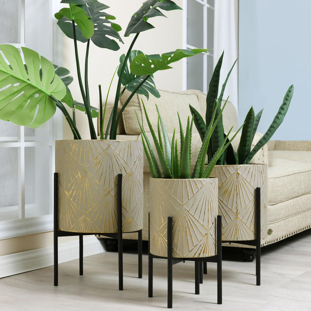LuxenHome Planters for Indoor Plants, Set of 3 Floor Plants Pots with Stand | Modern Decorative Metal Flower Pots