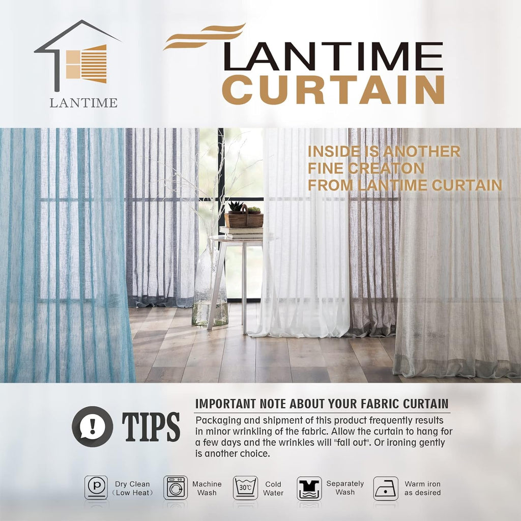 Sheer Curtains 96 inches Long, Faux Linen Double Pleated Window Sheer Curtains Panels Drapery for Home, Hotel, Office