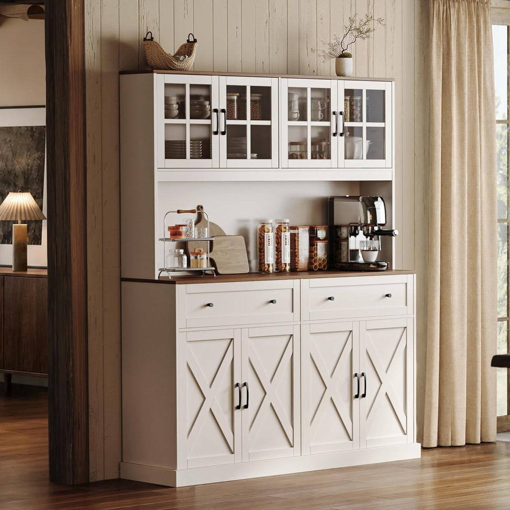 71''H x 55.1''W Pantry Cabinet with Charging Station, 4 Wide Cabinets Kitchen Pantry with 2 Drawers, Farmhouse Hutch