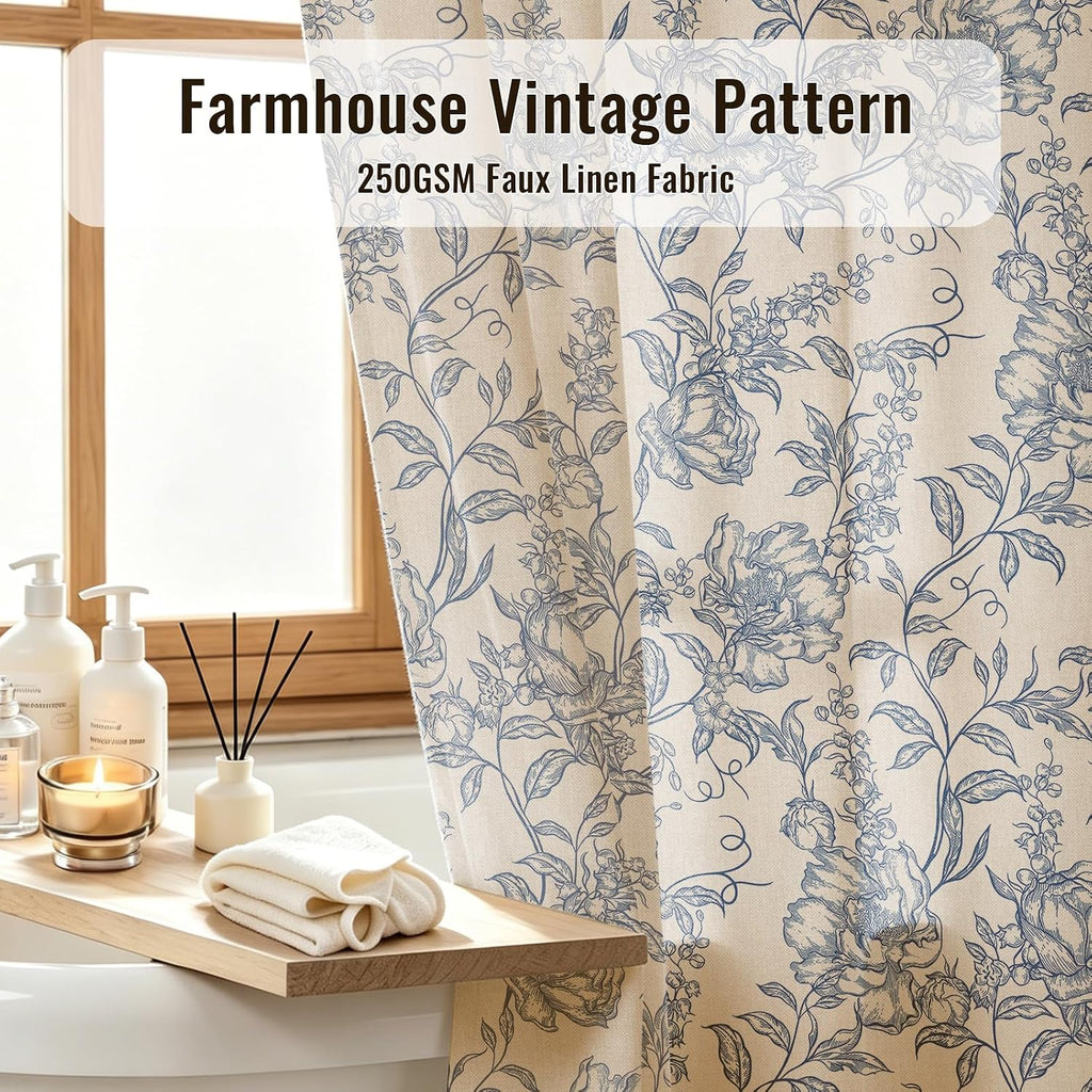 Vintage Blue Floral No Hook Shower Curtain Set with Snap-in Liner 72"x75" | Farmhouse Fabric 2 in 1 Shower Curtain
