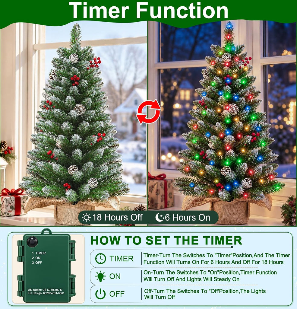 Timer - 3FT Artificial Mini Christmas Tree, Snowy Tabletop Christmas Tree