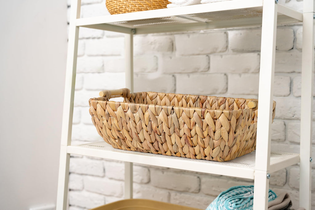 Water Hyacinth Storage Baskets with Wooden Handles, Large Wicker Baskets for Organizing Set of 2