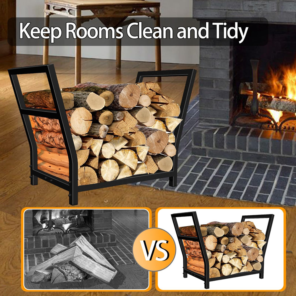24in Small Firewood Rack Metal Indoor Log Holder for Fireplace, Outdoor Patio, Fire Pit, Stove - Black