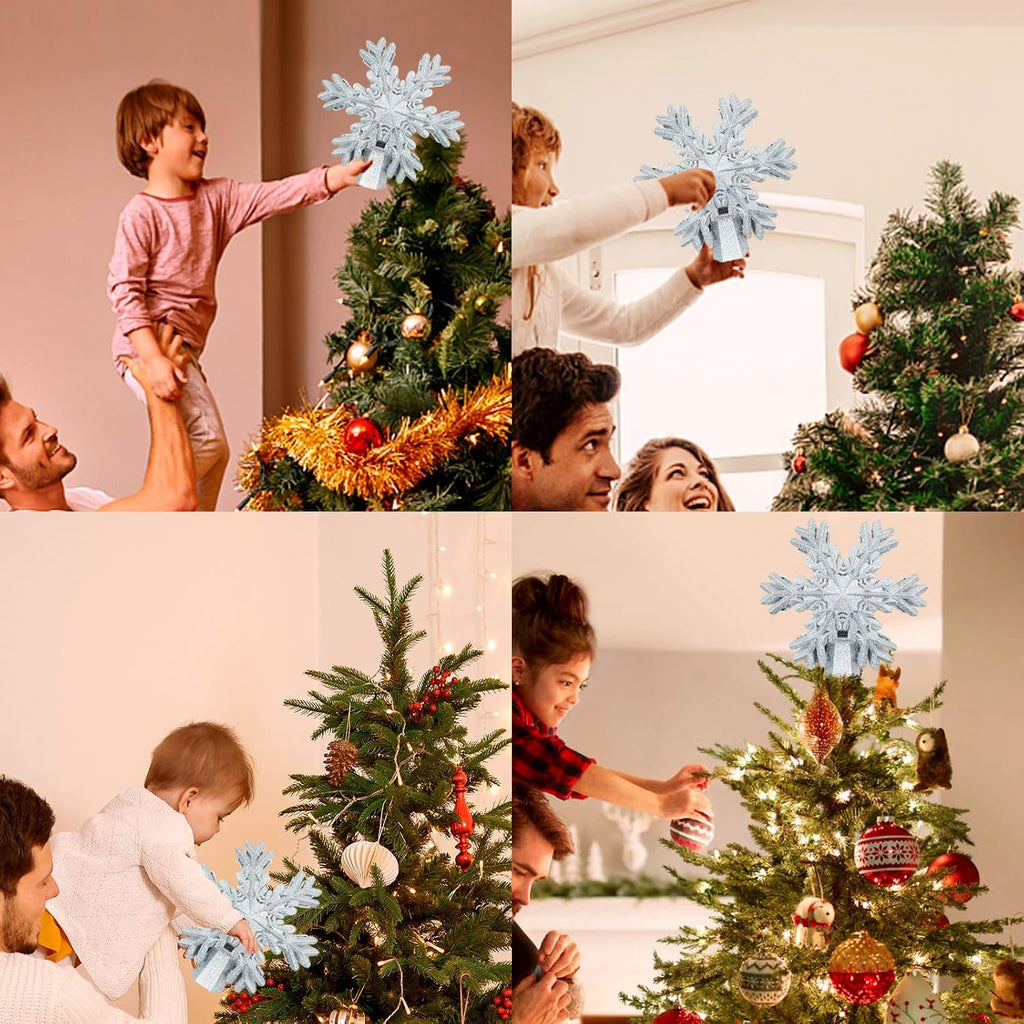 Snowflake Tree Topper with Rotating LED Projector, 3D Glitter Snowflake Plug-in Tree Top Ornament for Indoor