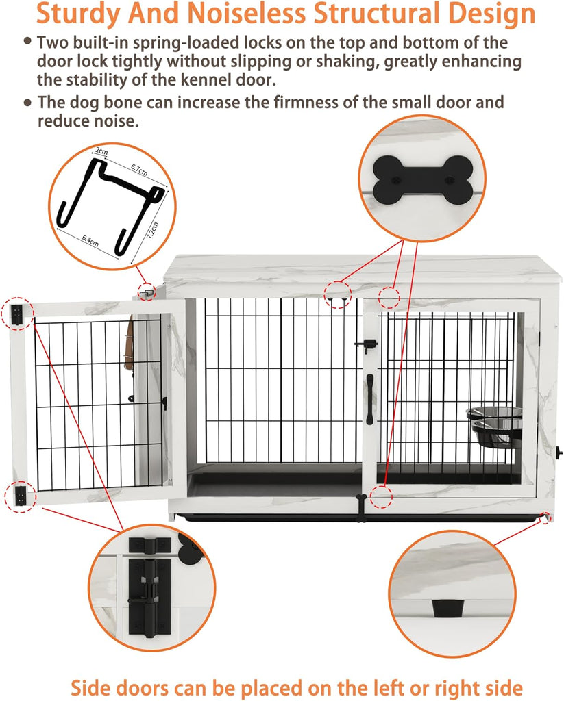 Wooden Dog Crate Furniture with 360°Rotatable Removable Dog Bowls, Dog Crate End Table with Tray, Double Doors Dog