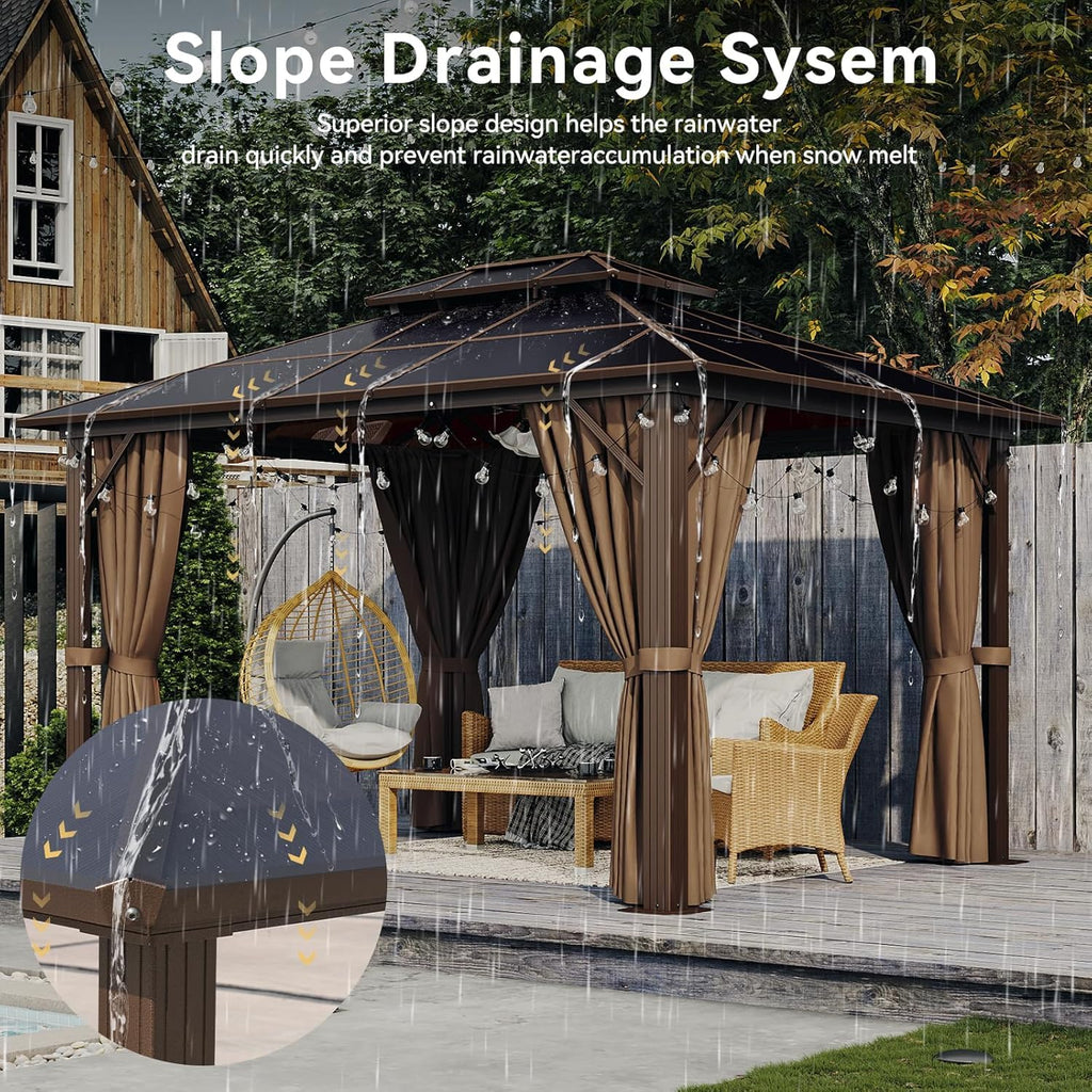 10'x12' Hardtop Gazebo, Metal Frame Permanent Pavilion with Light, Curtains and Netting, Outdoor Polycarbonate