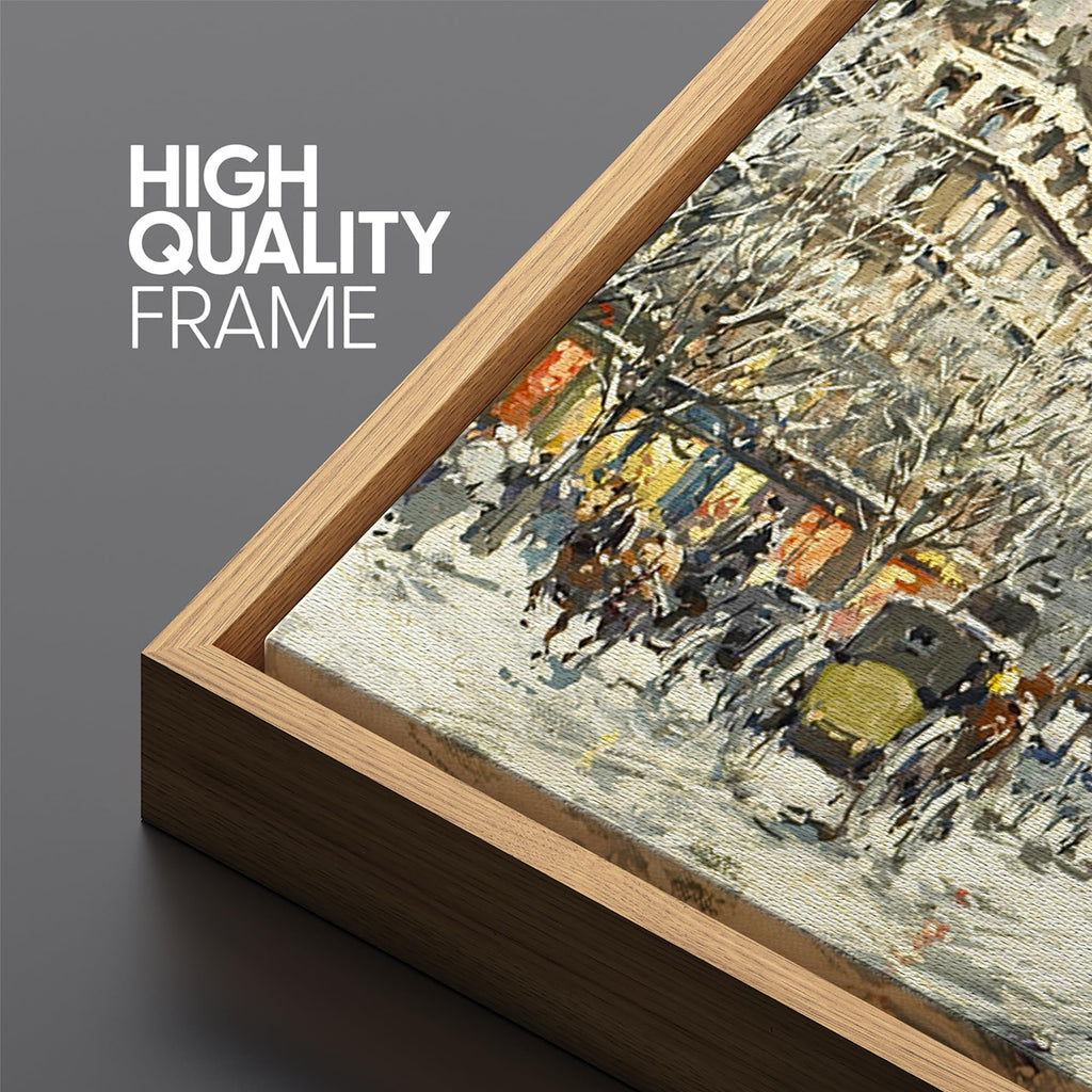 Extra Large Framed Canvas Print Wall Winter Cityscape Street Scene in Snow Antique Retro Fine Illustrations