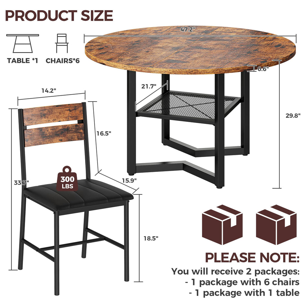 Round Dining Table Set for 6, Rustic Brown