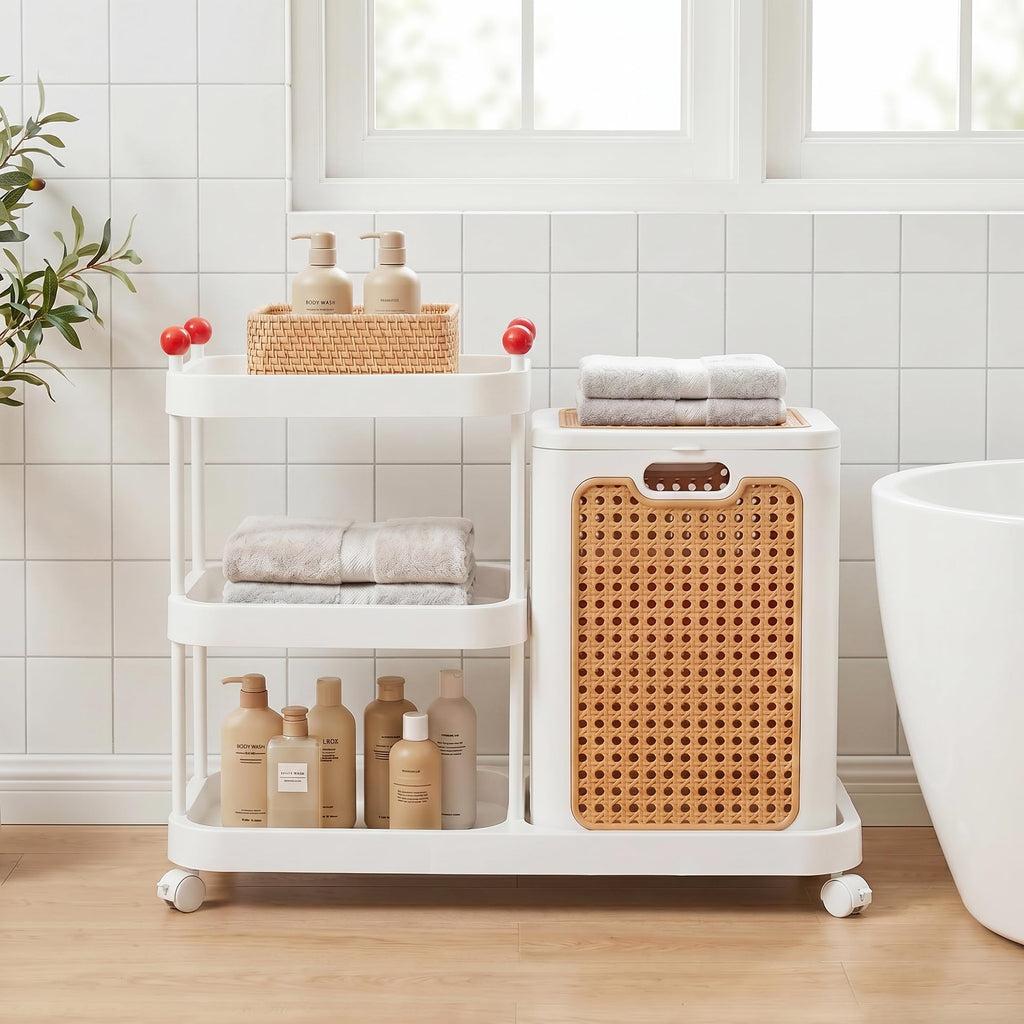 Rattan-Style Rolling Laundry Hamper Cart, 3-Tier Storage Shelf with Wheels, Foldable Plastic Laundry Basket with Lid
